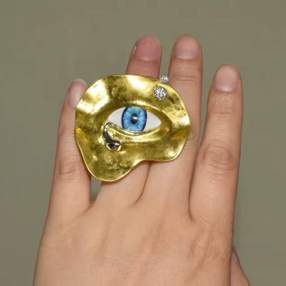 Surrealist Gold Eye Statement Artistic Blue Iris Design, Avant-Garde Ring - Picture 7 of 9